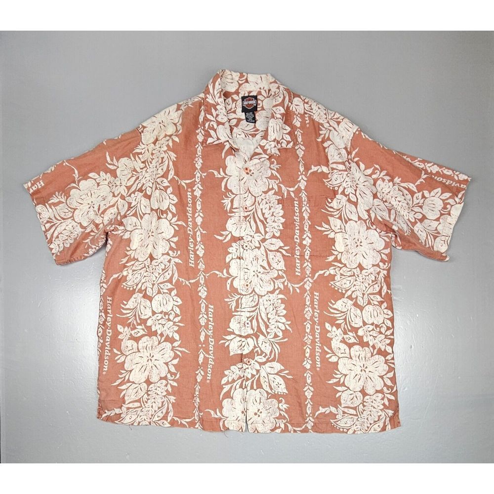Harley‎ Davidson Hawaiian Shirt Mens 3XL. Silk Wood Button Palm Print.